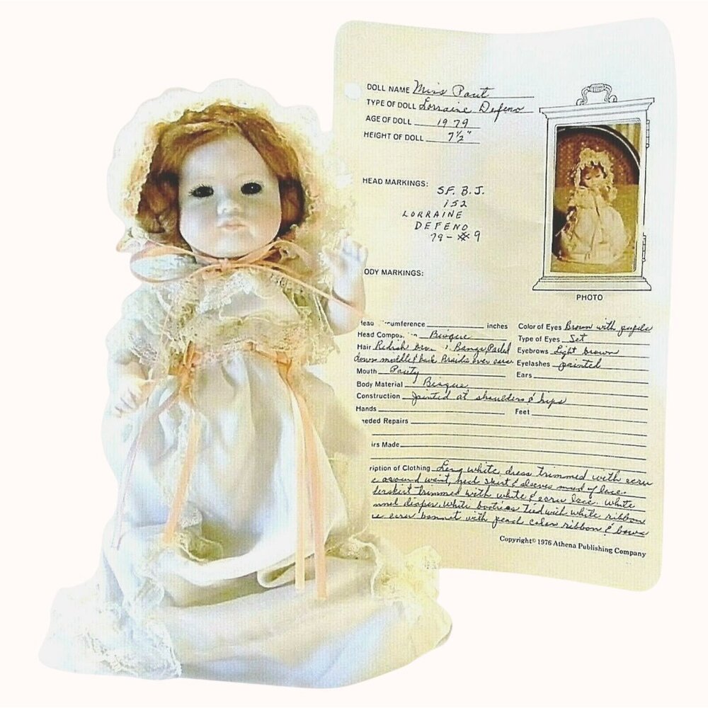 Baby Doll Bisque Porcelain 7.5" Miss Pout w/ Handwritten Collector Record 1979